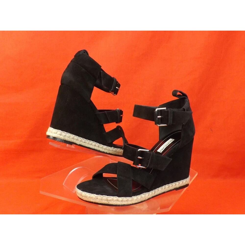 NIB BALENCIAGA BLACK SUEDE BUCKLE ANKLE STRAP ESPADRILLE WEDGE SANDALS 41 $620 - Picture 7 of 10